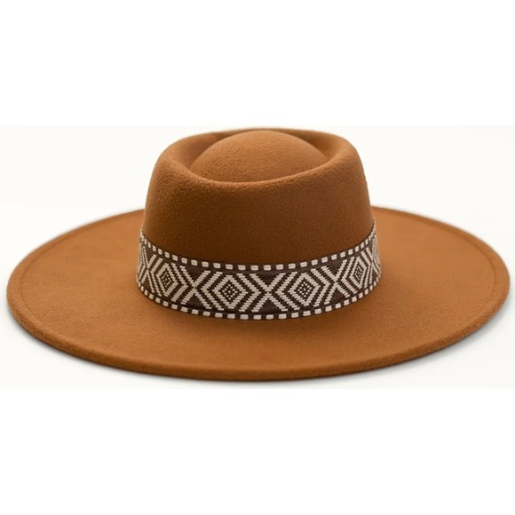 Joyfolie Accessories - Joyfolie Maye Wide Brim Fedora Hat Cinnamon Brown Aztec Band‎ Boho Women's NEW